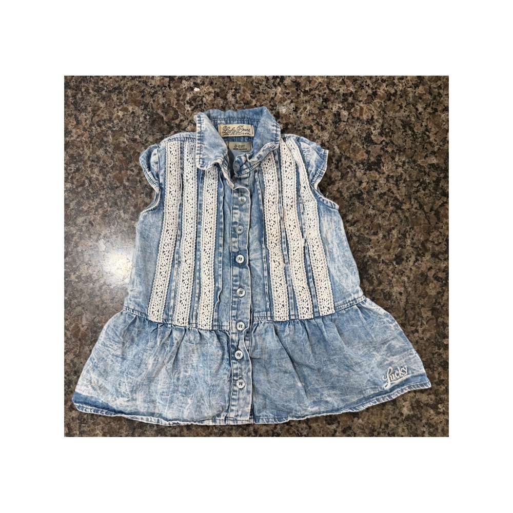 Lucky Brand Baby Girl Acid Wash Denim Lace Crochet Sleeveless Dress 3-6 Months